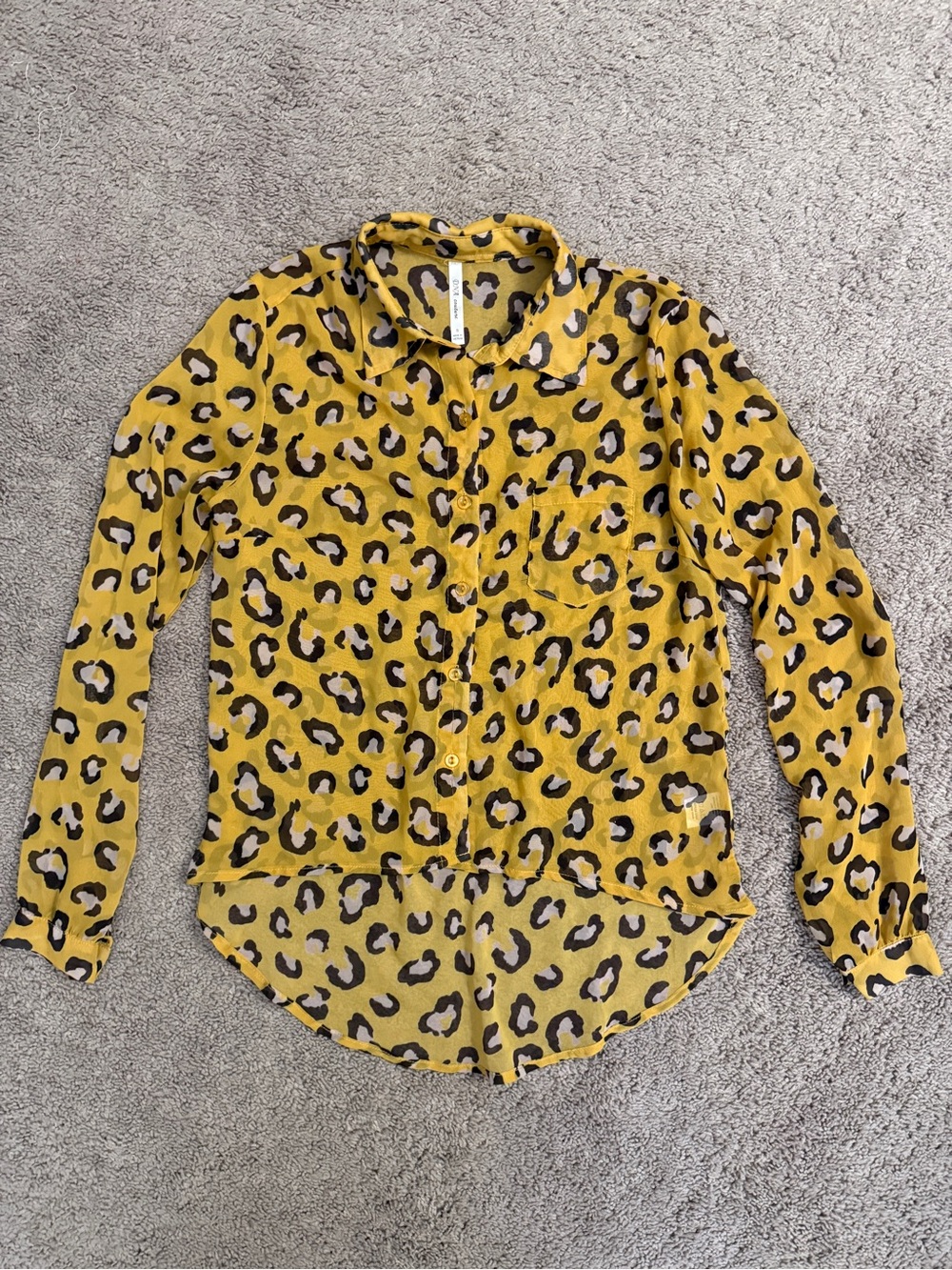 DNA Couture Leopard Print Button-Down Shirt Women size Small Yellow Long Sleeve